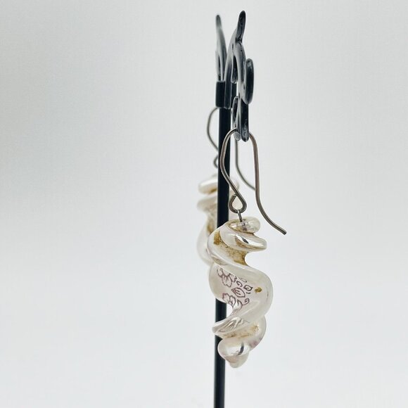 Glass Swirl Dangle Earrings Pink Rose Motif Pierced Retro Boho Romantic - Picture 6 of 8